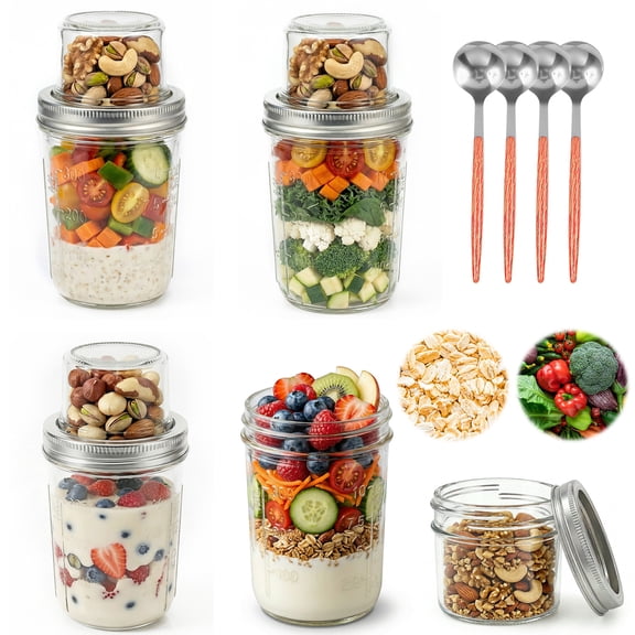 Grusce 4 Pack Overnight Oats Container with Lids and Spoons, 17oz+3oz Chia Pudding Jars with Dry and Wet Separation, Dual Layer Yogurt Parfait Cup, Glass Mason Salad Jar for Breakfast Oatmeal Cereal