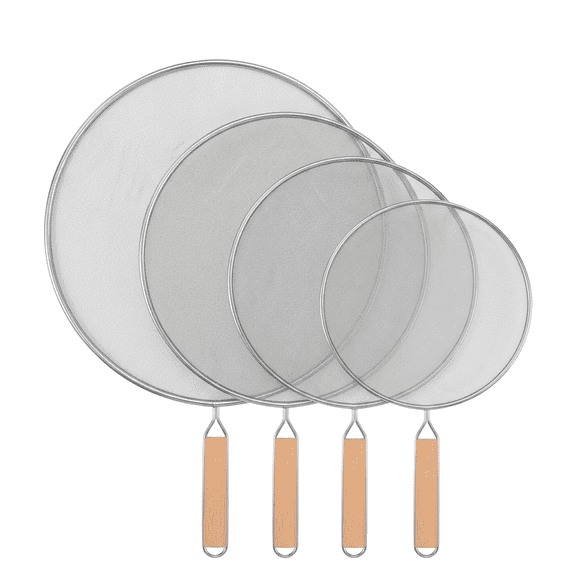 FUYGRCJ 4 Pack Grease Splatter Screen for Frying Pan, Stainless Steel Splatter Guard Mesh with Wood Handle, Grease Guard Shield for Cooking to Prevent Oil Splatter, 13", 11.4", 9.8" and 8.3"