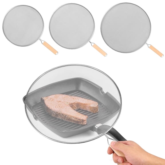 FUYGRCJ 4 Pieces Grease Splatter Screen for Frying Pan, Wood Handle Splatter Guard Mesh, Stainless Steel Grease Guard Shield for Kitchen Frying Pan Set of 8.27", 9.84", 11.42" and 12.99"