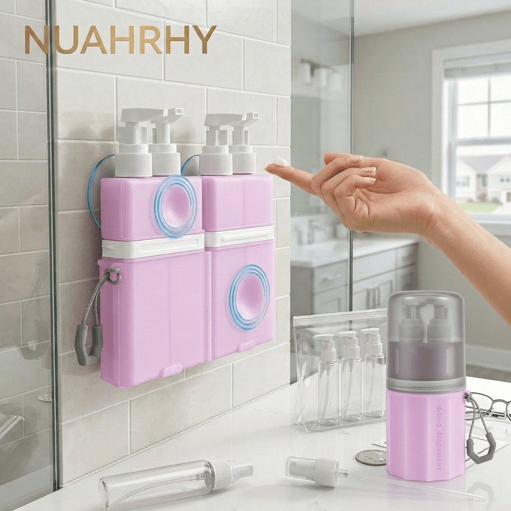 NUAHRHY 4-in-1 Travel Toiletry Container, 4 2Oz Leak Proof Travel Bottle Set with Suction Cup for Smooth Wall, Portable Refillable Dispenser Bottle for Shampoo Conditioner Body Wash Lotion