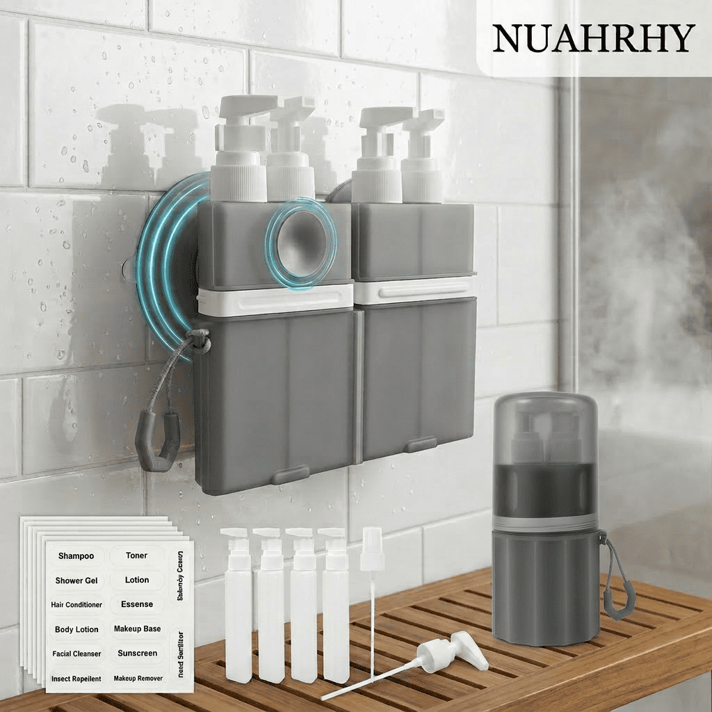NUAHRHY 4-in-1 Travel Toiletry Container, 4 2Oz Leak Proof Travel Bottle Set with Suction Cup for Smooth Wall, Portable Refillable Dispenser Bottle for Shampoo Conditioner Body Wash Lotion