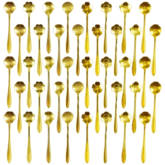 Grusce 40 Pcs Flower Dessert Spoon Stainless Steel Sugar Spoon 8 Different Patterns Tea Spoon Gold Coffee Spoon Reusable Stirring Spoon Elegant Milkshake Spoon Cute Mixing Spoon for Tea Cake