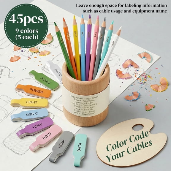 Hook and Loop Cable Labels, 45Pcs Reusable Wire Tags and Cord Organizers with 9 Colors, Leather Cable Markers for Office and Network Management