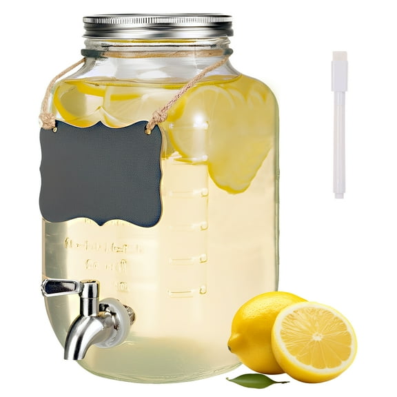 Grusce 4L Glass Beverage Dispenser with Stainless Steel Spigot and Fruit Infuser Clear Juice Dispenser for BBQ Picnic Pool Party and Social Events