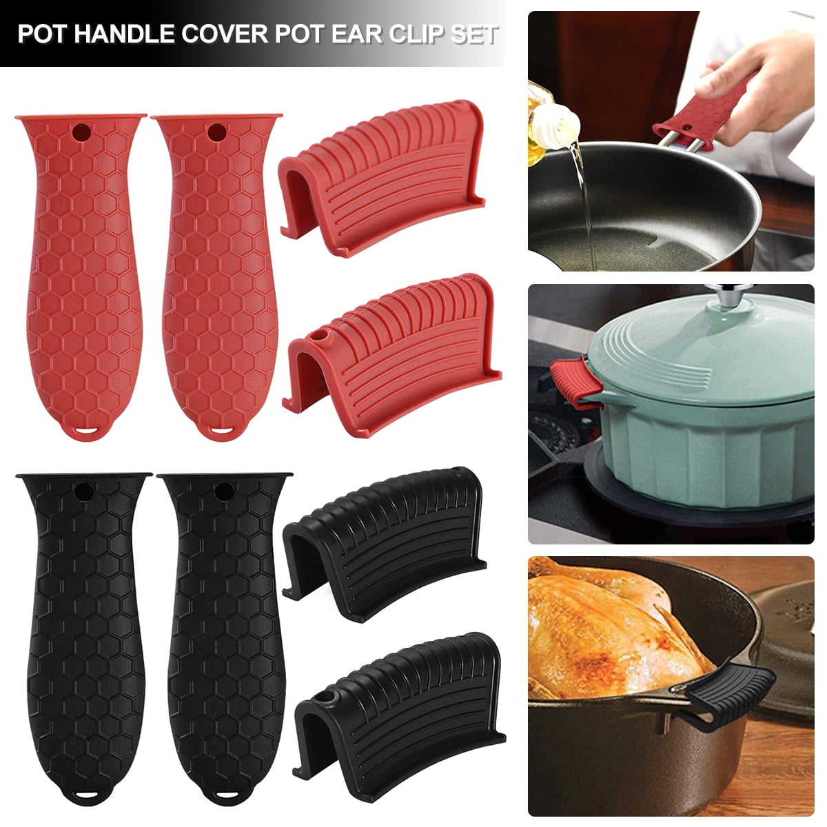 Grusce 4PCS Cast Iron Pot Handle Covers,Silicone Hot Handle Holder Non