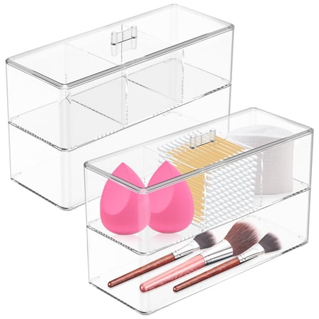 Grusce 4PCS Clear Cotton Ball and Swab Holder, Waterproof Stackable Drawer Organizers, 3 Divided Compartments with Lid, Bathroom Vanity Acrylic Storage for Hair Clips, Scrunchies, Bobby Pins