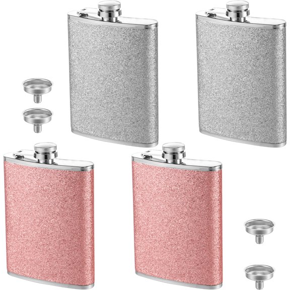 Grusce 4PCS Pocket Flask with Funnel for Whiskey, 8OZ Leak Proof Glitter Bling Flask, Portable Stainless Steel Hip Wine Kettle for Camping