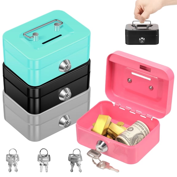 Grusce 4Pcs Cash Box with Lock, Small Money Box Piggy Bank with Lock and Slot, 4.5x3.3x2 Inch Metal Coin Bank Money Tray