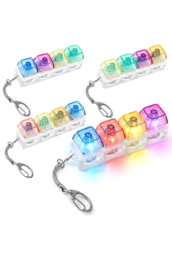Keyboard Fidget Keychain, 4Pcs Mechanical Key Button Clicker Toy with LED Light, Portable Finger Sensory Stress Relief Gadget for Office Home and Birthday Gifts