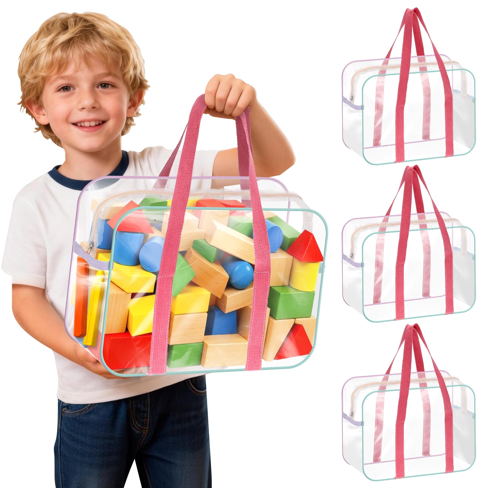 Grusce 4Pcs PVC Toy Storage Bags Waterproof Clear Toy Organizer Bag with Zip and Side Pockets for Building Blocks Puzzle 13.39x9.45x4.72 inch