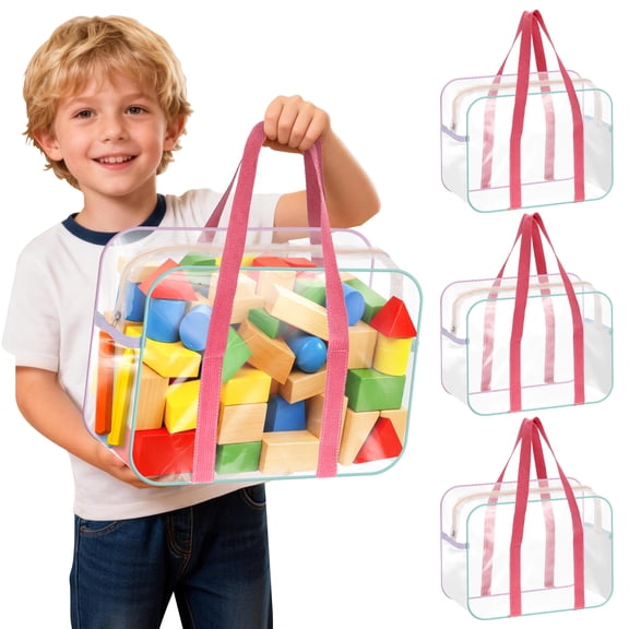 Grusce 4Pcs PVC Toy Storage Bags Waterproof Clear Toy Organizer Bag with Zip and Side Pockets for Building Blocks Puzzle 13.39x9.45x4.72 inch