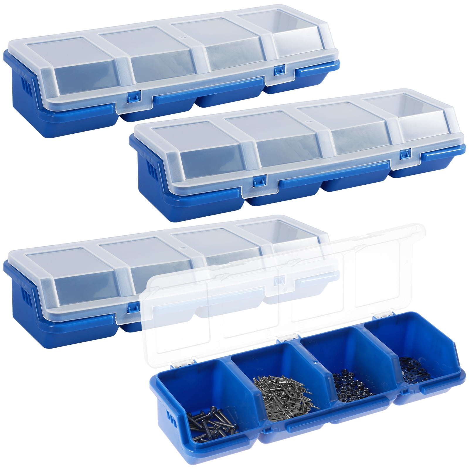 Grusce 4Pcs Parts Storage Box Plastic Screw Organizer Box with 4 Compartment Small Tool Part Container Bin with Lid and Lock Durable Divided Hardware Storage Bin for Garage Workshop