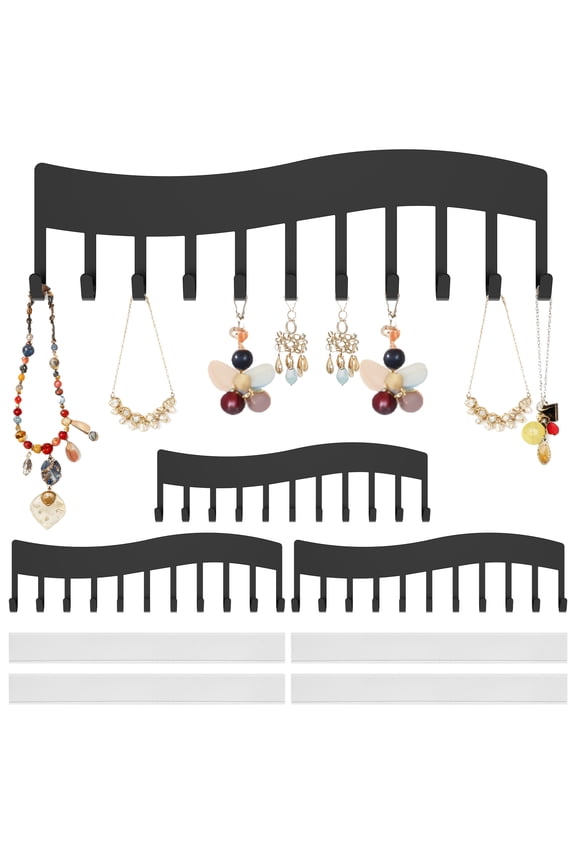 4Pcs Wall Necklace Organizer, Wave style Wall Mounted Necklace Key Hanging Storage Holder, Jewelry Shelf Display Hanger for Bedroom Closet-Black