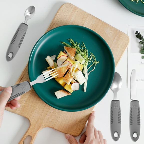 Grusce 4pcs Adaptive Utensils Stainless Steel Built Up Utensils for Adults Complete Weighted Utensils Set Nonslip Easy Grip Silverware for Elderly and Persons with Shaking Hands