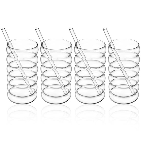 Grusce 4pcs Iced Coffee Glass 500ML Bubble Drinking Glass with Straw Wide Opening Drinking Glassware Elegant Ribbed Glassware Dishwasher Safe for Cocktail Soda Juice