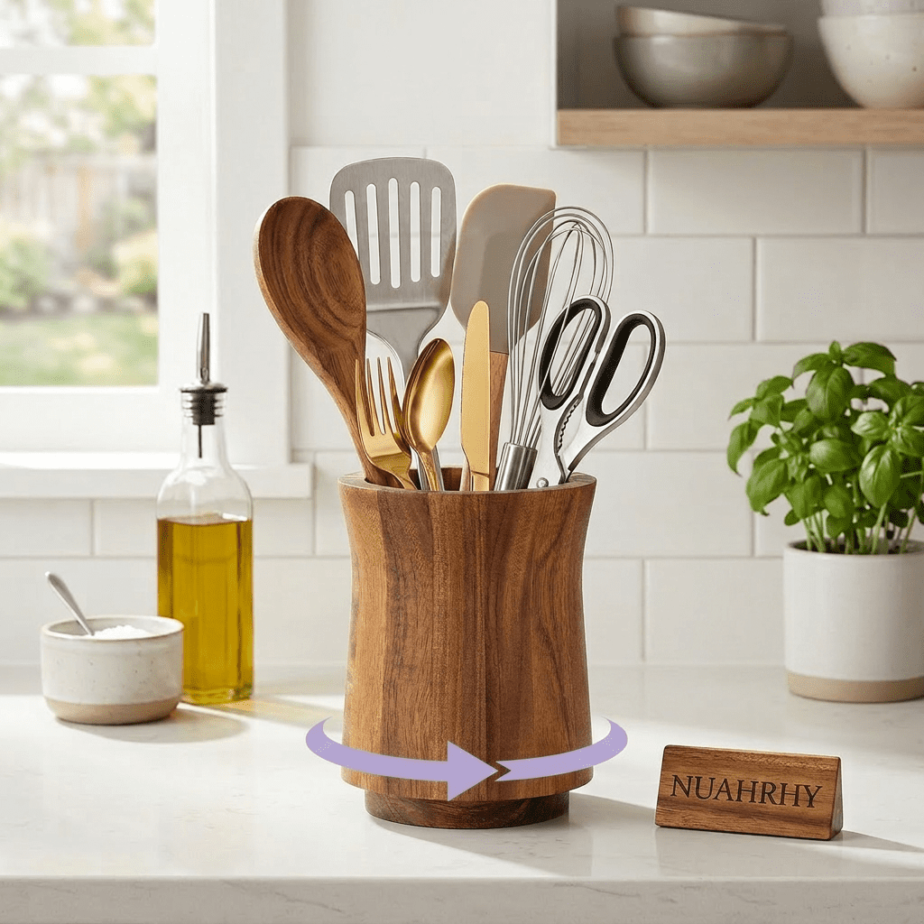 NUAHRHY 5.83" Utensil Holder, 360° Rotating Cooking Utensil Crock for Countertop, Acacia Wood Cooking Tool Organizer for Kitchen Counter Spatula Storage, Natural Kitchen Decor