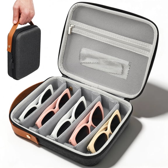 Grusce 5 Slots Travel Sunglasses Organizer Case, Eyeglasses Storage Bag, Glasses Eye Wear Holder, Glasses Case Box, Multiple Pairs Sunglass Storage with Adjustable Slots, Eyewear Display Case
