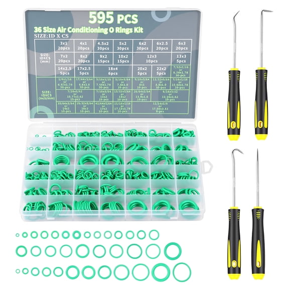 Grusce 595PCS Air Conditioning O Ring Kit with Pick Hook, 36 Size Metric and SAE Size Seal Gasket O Rings, for Auto AC Compressor Plumbing Pump and Mechanical Repair