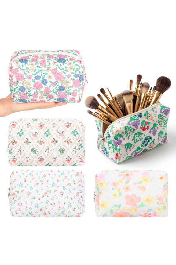 5PCS Floral Makeup Bag, Cute Floral Cosmetic Bags with Zipper, Large Capacity Portable Travel Toiletry Pouch for Women Girls Travel