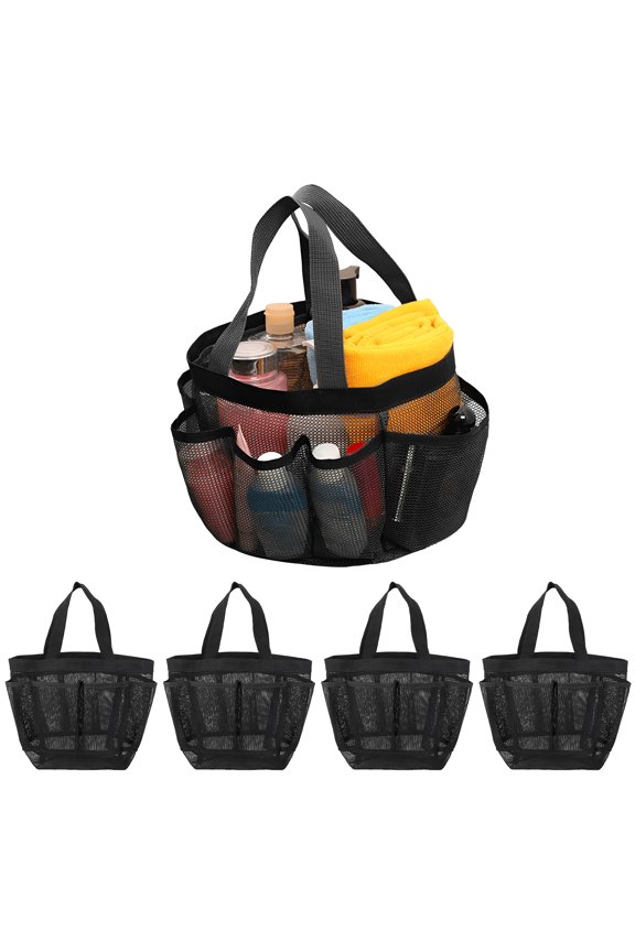 5PCS Mesh Shower Caddy Tote Bag, Hanging Shower Basket with 9 Storage Pockets, Breathable Toiletry Caddy Organizer Bag for Bathroom College Dorm Gym Camping Travel