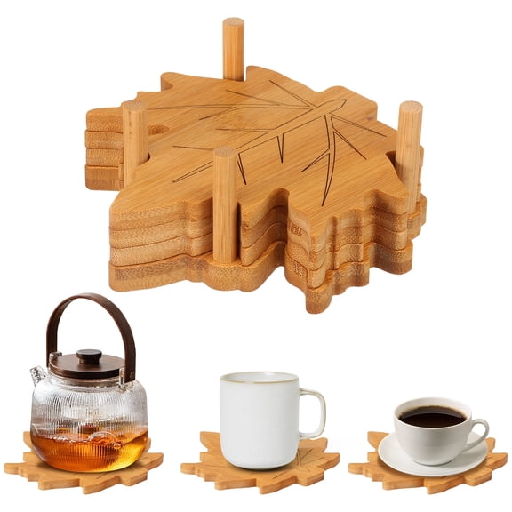 Grusce 6PCS Bamboo Trivets for Hot Dishes, Pots & Pans, Large Heat Resistant Pot Holders Trivet Set with Maple Leaf Design, Non-Slip for Kitchen Countertops & Dining Table