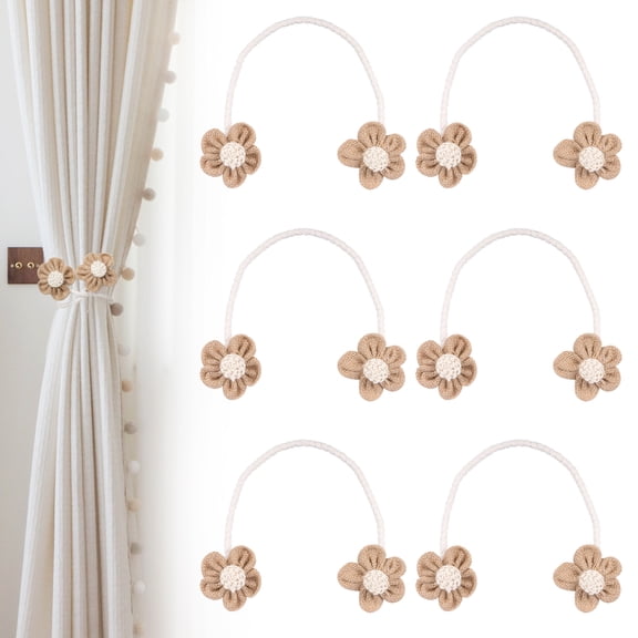 Grusce 6Pcs Flower Curtain Tiebacks, Twist Rope Sunflower Curtain Ties for Window Drape Decor, Boho | Simple Elegant DIY Curtain Holdbacks for Home Office | Cream&Khaki