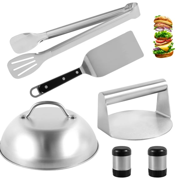 Grusce 6Pcs Smash Burger Kit with Lid Griddle Spatula 5.5 Inch Stainless Steel Burger Press 8.9 Inch Basting Cover 10.8 x 3.74 Inch Grill Spatula Non-Stick Burger Smasher for Flat Top Griddle Cooking