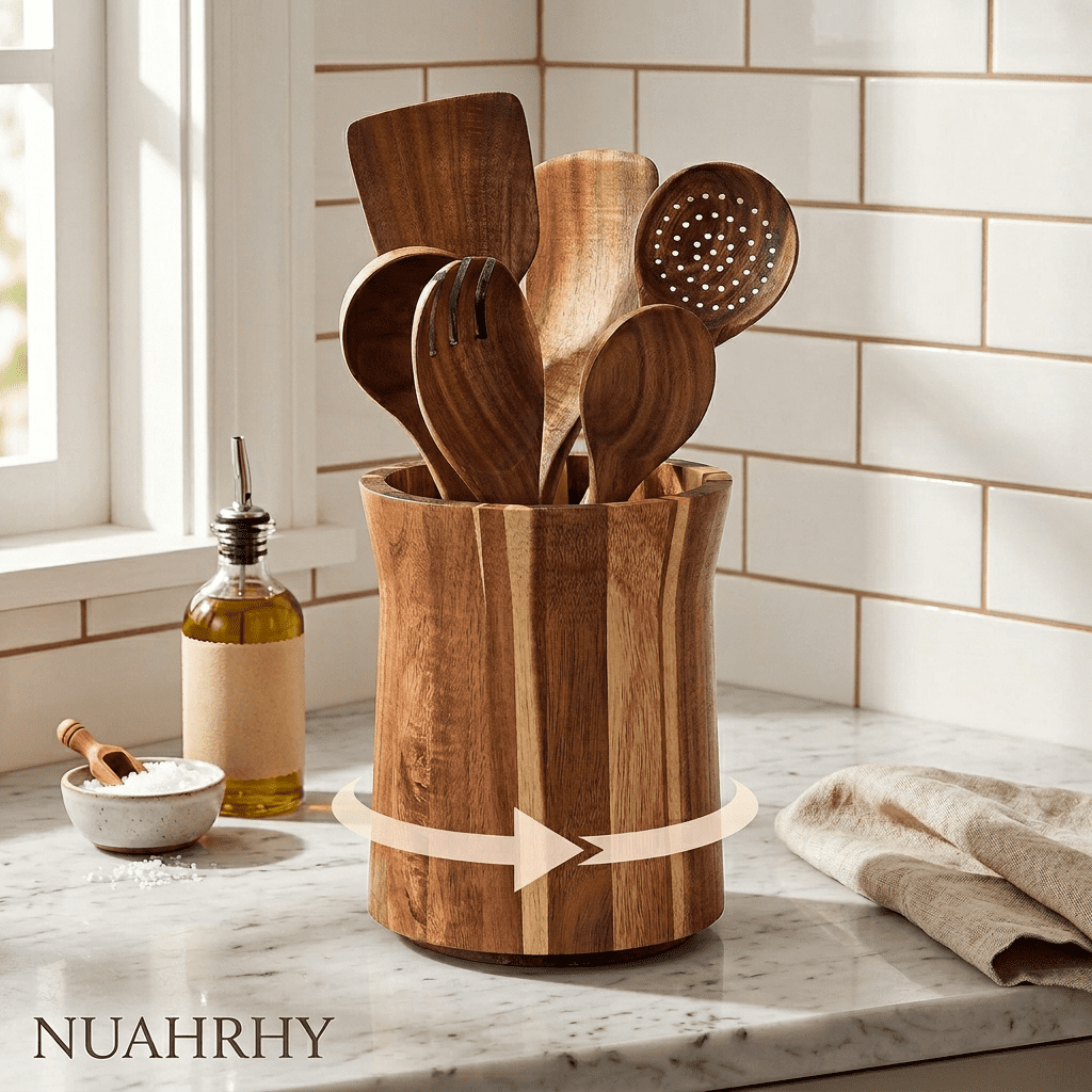 NUAHRHY 7.44" Utensil Holder, 360° Rotating Cooking Utensil Crock for Countertop, Acacia Wood Cooking Tool Organizer for Kitchen Counter Spatula Storage, Natural Kitchen Decor