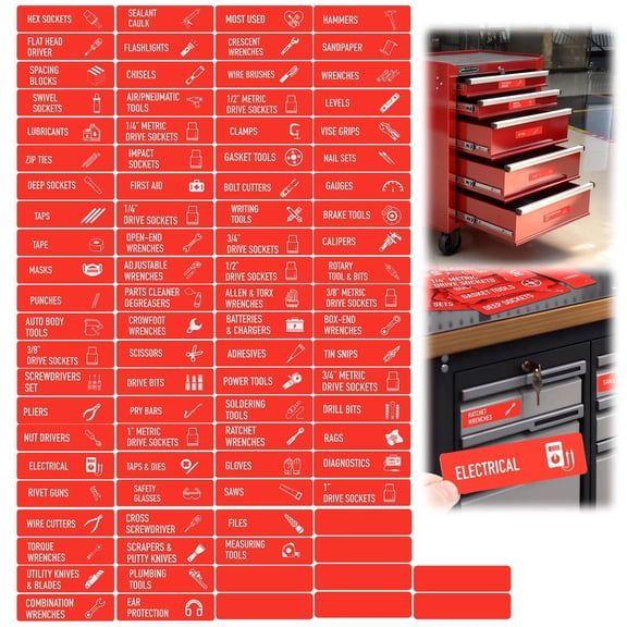 Grusce 90Pcs Magnetic Toolbox Labels, Pre-Printed & Reusable Labels for Tool Box Organizer, Magnetic Force and Easy to Read for Toolboxes Drawers Cabinets 3.07x1 inch-Red