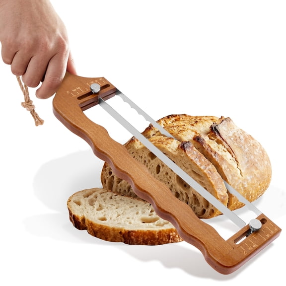 Grusce Adjustable Bread Slicer Knife with Thickness Guide, Precision Homemade Bread Knife, Sharp Stainless Serrated Blade, Wooden Frame, Bread Cutter for Bagels, Baguettes, Gift for Bakers