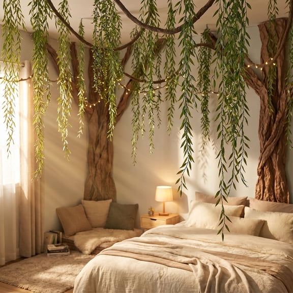Hanging Artificial Greenery Decor Set - 25pcs Bendable Stems & 2 Rattan Vines with LED String Lights, Drill-Free Installation Kit for Bedroom, Patio, Aesthetic Wall Decor