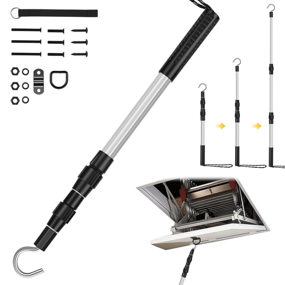 Grusce Attic Ladder Pull Down System Hook Kit, Adjustable Attic Stair Door Puller Pole with D Ring, Up to 51 Inch Extension Rod for Garage Door