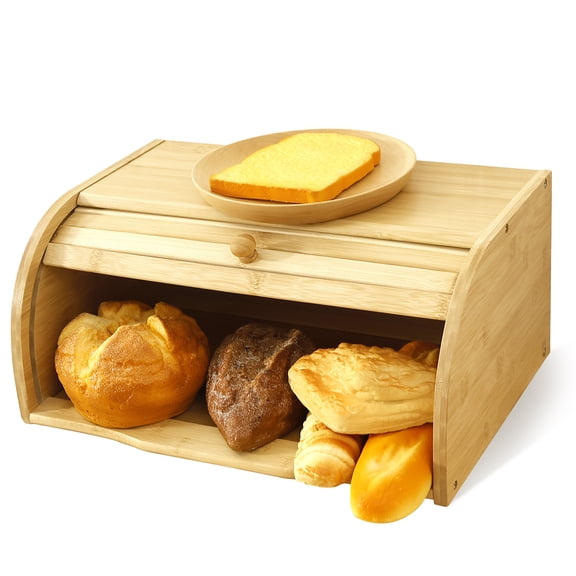 Grusce Bamboo Bread Storage Box, Large Capacity Kitchen Countertop Bread Container with Roll Top Lid, Bagels Storage Bin for Cookies Cupcakes