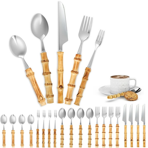 Grusce Bamboo Silverware Set Stainless Steel Tableware Set Natural Bamboo Utensil Flatware Set Spoon Fork Knives Bamboo Handle Cutlery Set for Kitchen Wedding Home Restaurant Party (30 Pcs)