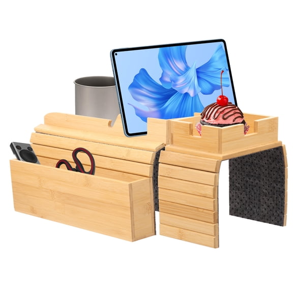 Grusce Bamboo Sofa Armrest Organizer with Cup Holder, Couch Caddy Arm Tray Set, Anti Slip Sofa Armrest Tray, Large and Small Couch Drink Holder, for Drink, Snack, Remote Control, Cups