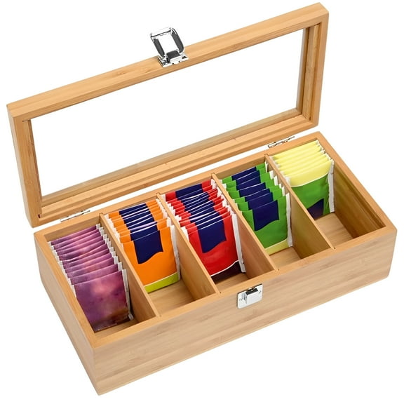 Grusce Bamboo Tea Box, Tea Box Organizer Storage Box with 5 Removable Compartments, Multipurpose Tea Packet Box, Portable Teabag Organizer Holder with Hinged Clear Lid, Snap Design Tea Bag Holder