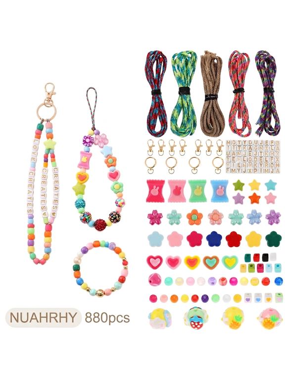 880pcs Beaded Keychain Making Kit with Acrylic Heart Flower Alphabet Beads, DIY Bag Charm Craft Supplies for Handmade Party