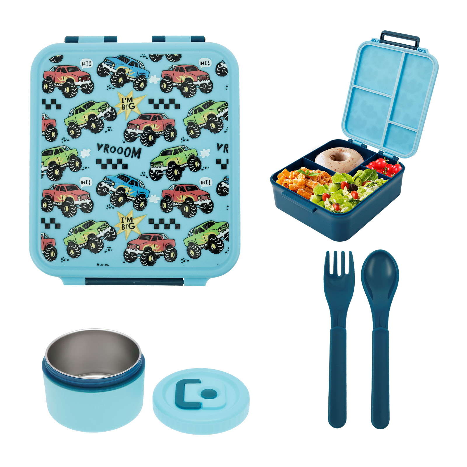 Grusce Bento Box, BPA Free & Leakproof Lunch Box with 10.15oz Insulated Thermos Food Jar, Utensils & Sauce Jar, Dishwasher Safe 4 Compartments Container