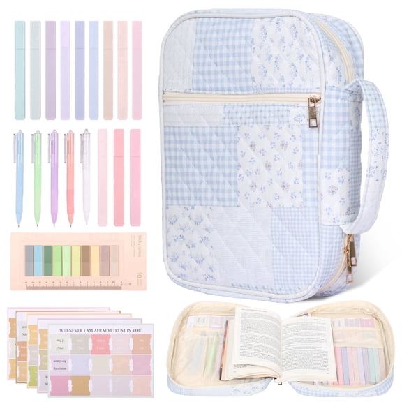 NUAHRHY Bible Cover Case for Women, Large Quilted Bible Carrying Case with Durable Handle, Bible Study Supplies Kit with 5 Ballpoint, 12 Bible Highlighters&75 Bookmarks and 200 Labels