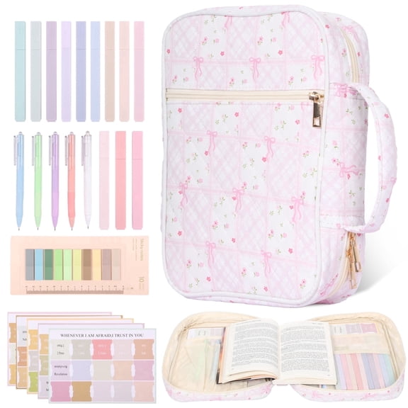 NUAHRHY Bible Cover Case for Women, Large Quilted Bible Carrying Case with Handle, Bible Study Supplies Kit with 5 Ballpoint Pens, 12 Bible Highlighters&75 Bookmarks and 200 Labels