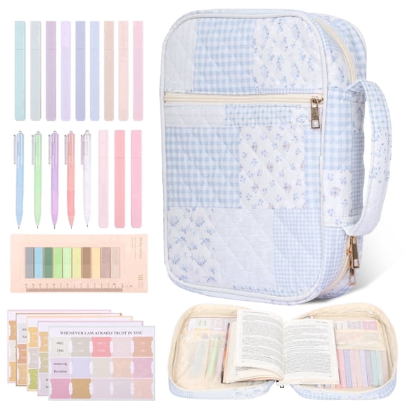NUAHRHY Bible Cover Case for Women, Large Quilted Bible Carrying Case with Durable Handle, Bible Study Supplies Kit with 5 Ballpoints, 12 Bible Highlighters&75 Bookmarks and 200 Labels