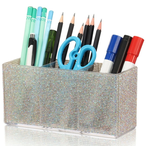 Grusce Bling Desk Organizer, Glitter Pen Holder 3 Compartments, Makeup Brush Stationery Organizer Pencil Holder for Desk Accessories, Sparkly Gifts for Women, Girly Decor for Office Classroom