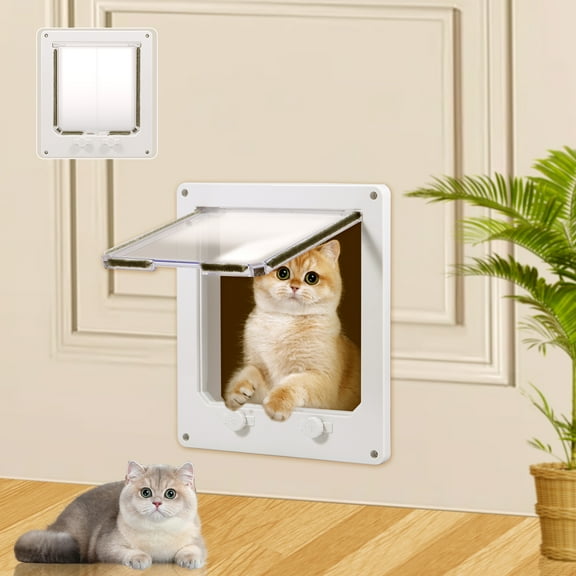 Grusce Cat Door Interior Door White Plastic Interior Cat Door Easy to Install Indoor Cat Door Upgraded Pet Door with Flap and 4 Way Locking for Interior Doors Medium Cats Kitties