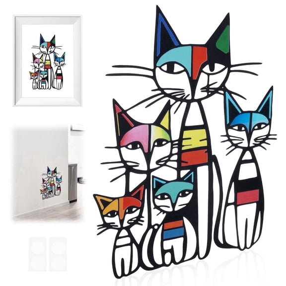 NUAHRHY Cat Wall Art Decor, Minimalist and Colorful Metal Cat Wall Hanging Decoration, 10.4x15.7 inch Retro Cartoon Cat Artwork Including Stickers for Living Room Cafe Bar Kitchen Office