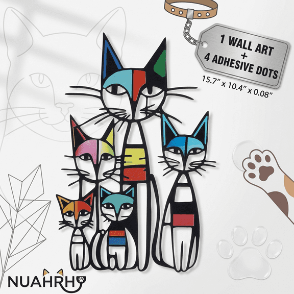 NUAHRHY Cat Wall Art Decor, Minimalist and Colorful Metal Cat Wall Hanging Decoration, 10.4x15.7 inch Retro Cartoon Cat Artwork Including Stickers for Living Room Cafe Bar Kitchen Office