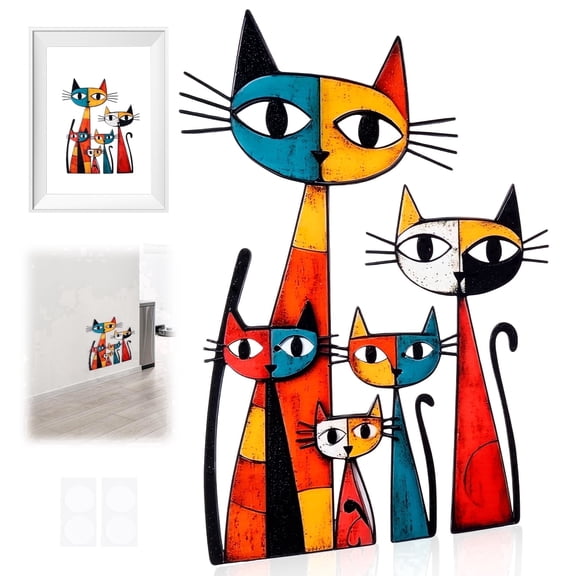 NUAHRHY Cat Wall Art Decor, Minimalist Colorful Metal Cat Wall Hanging Decoration, 15.75 x 12.8 inch Retro Cartoon Cat Artwork Including Stickers for Living Room Cafe Bar Kitchen Office