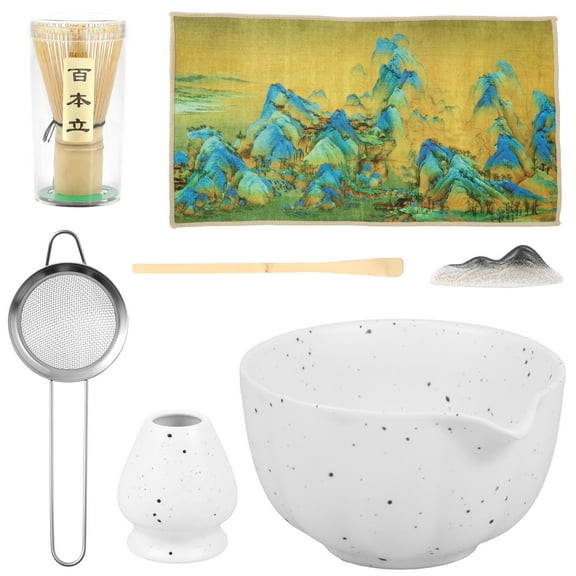 Grusce Ceramic Matcha Bowl Whisk Set, Rust Resistant Matcha Scoop Whisk Holder Kit for Tea Lovers Beginners