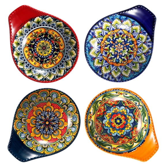 Grusce Ceramic Salad Plate with Handle, Serving Plate Set of 4 for Appetizer Cereal Oatmeal Dessert Pasta, Dishwasher and Microwave and Oven Safe for Present Party Colorful