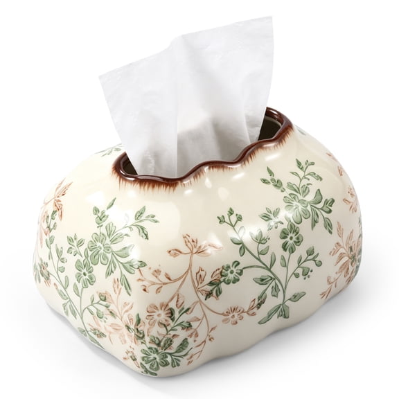 Grusce Ceramic Tissue Holder with Floral Pattern, Ceramic Tissue Box Holder, Irregular Shape Tissue Cover, Decorative Storage Box Cover for Home and Office