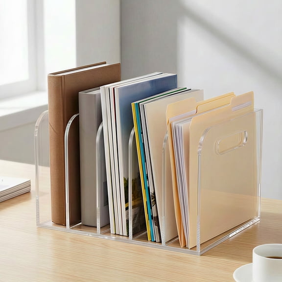 Grusce Clear Acrylic Folder Holder Vertical Magazine File Organizer with 3/5 Compartment Desk Upright Document Storage Rack Binder Holder Sorter for Home Office Desktop